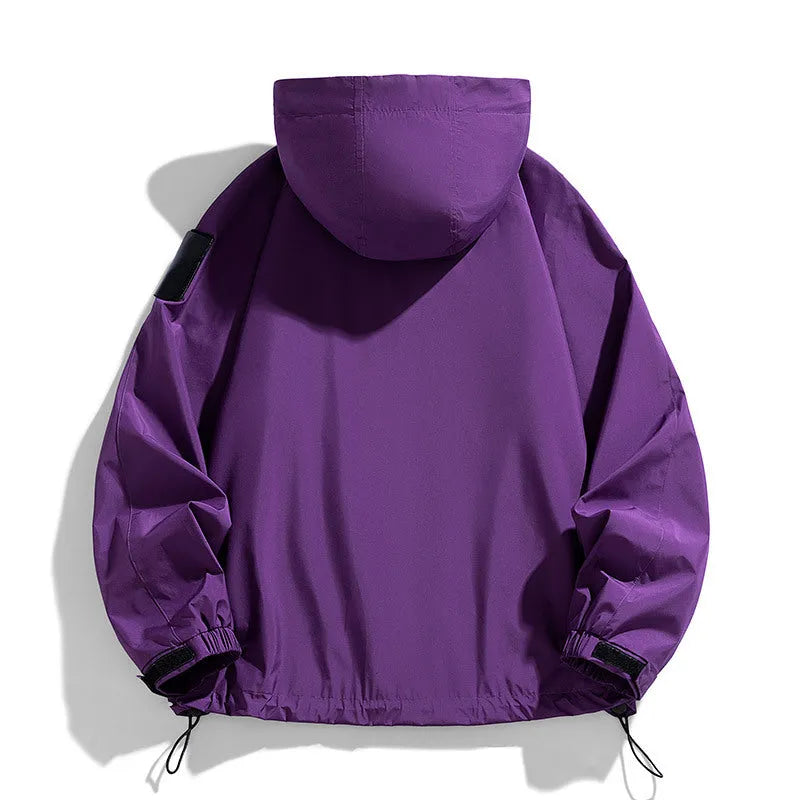 Men's hooded windproof waterproof jacket in black, ginger yellow, or purple, regular length with long sleeves.