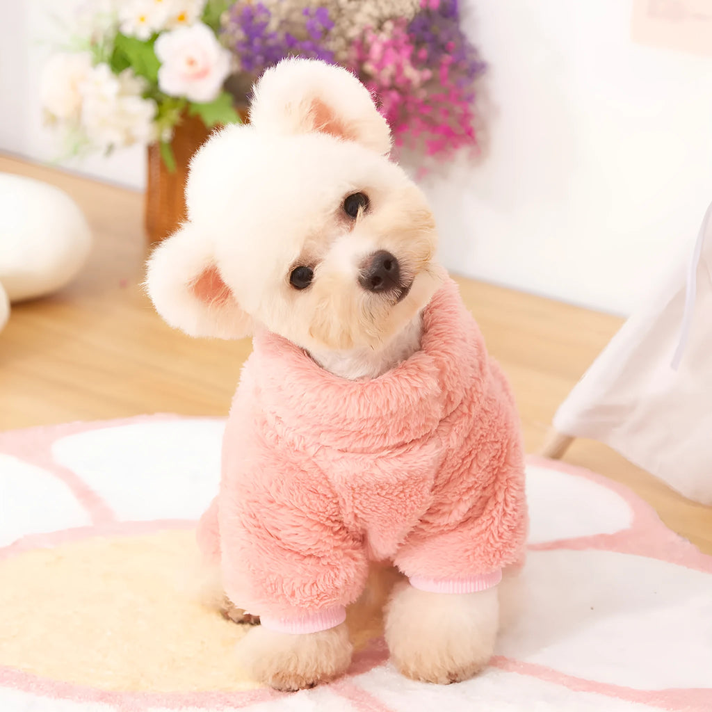 Blue double-sided plush dog clothes with high collar and towing ring on a mannequin
