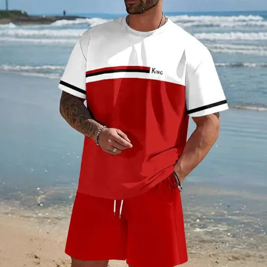 Men's loose-fit polyester summer suit showing short-sleeved T-shirt and matching shorts in one of eight available colours