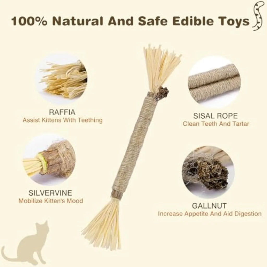 A pack of three natural silvervine chew sticks for cats with sisal rope, for dental care and enrichment.