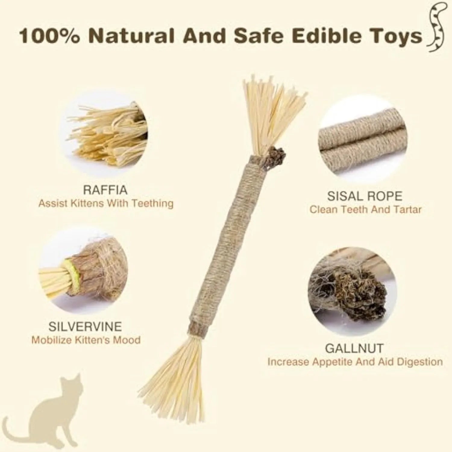A pack of three natural silvervine chew sticks for cats with sisal rope, for dental care and enrichment.