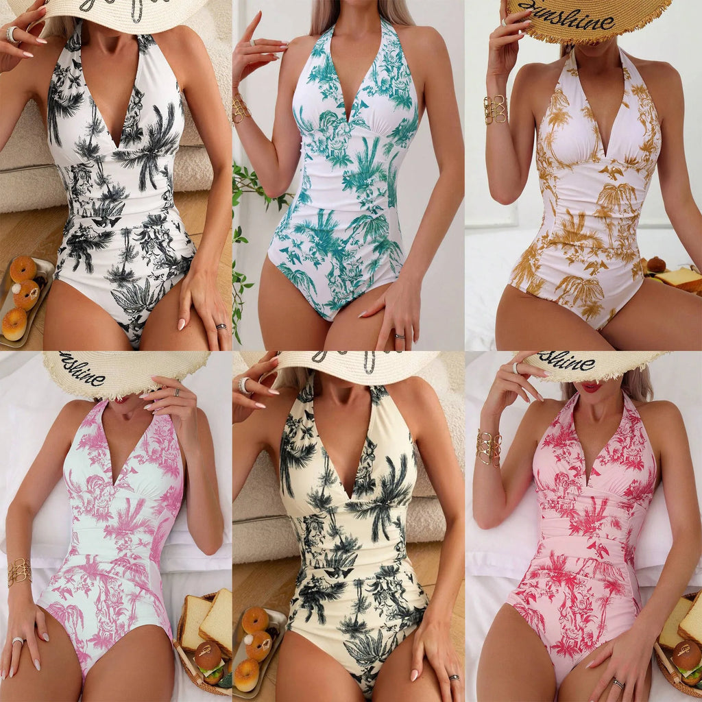 Women's printed V-neck one-piece swimsuit in polyester fabric showing colour options and size range