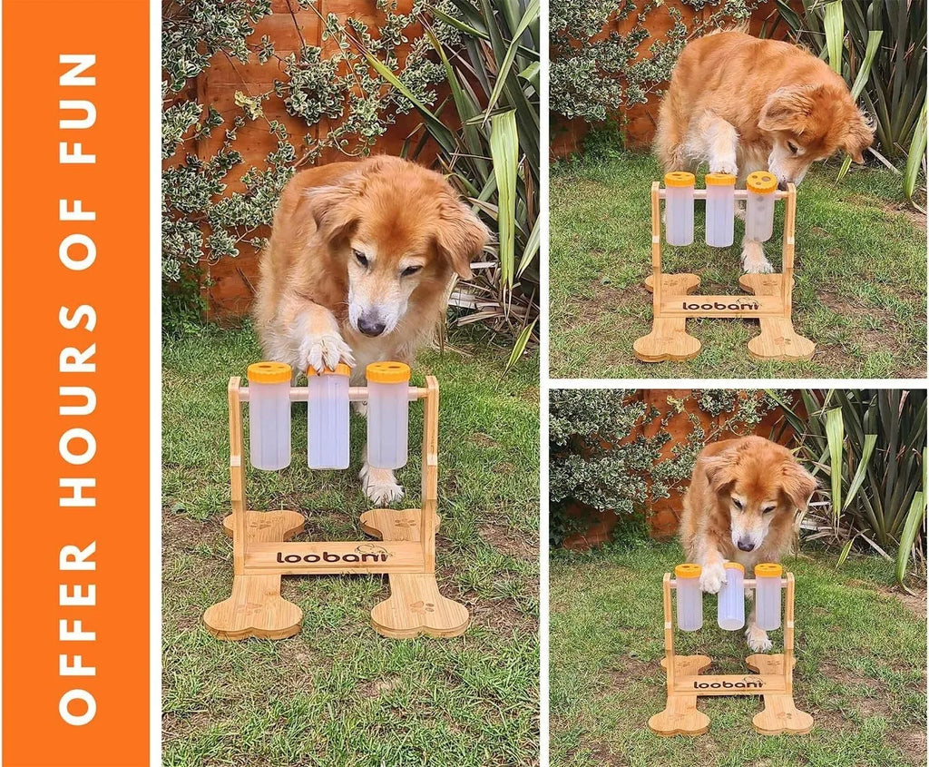 Wooden dog puzzle toy treat dispenser feeder measuring 31x30x20cm