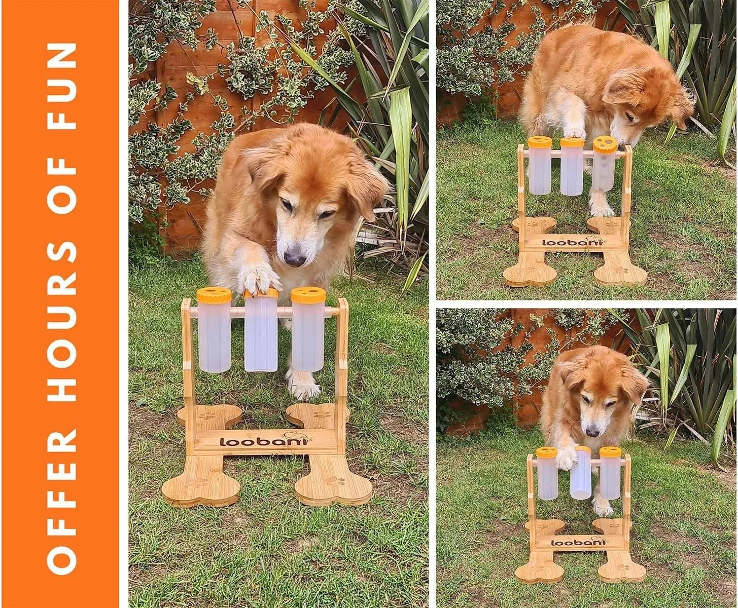 Wooden dog puzzle toy treat dispenser feeder measuring 31x30x20cm
