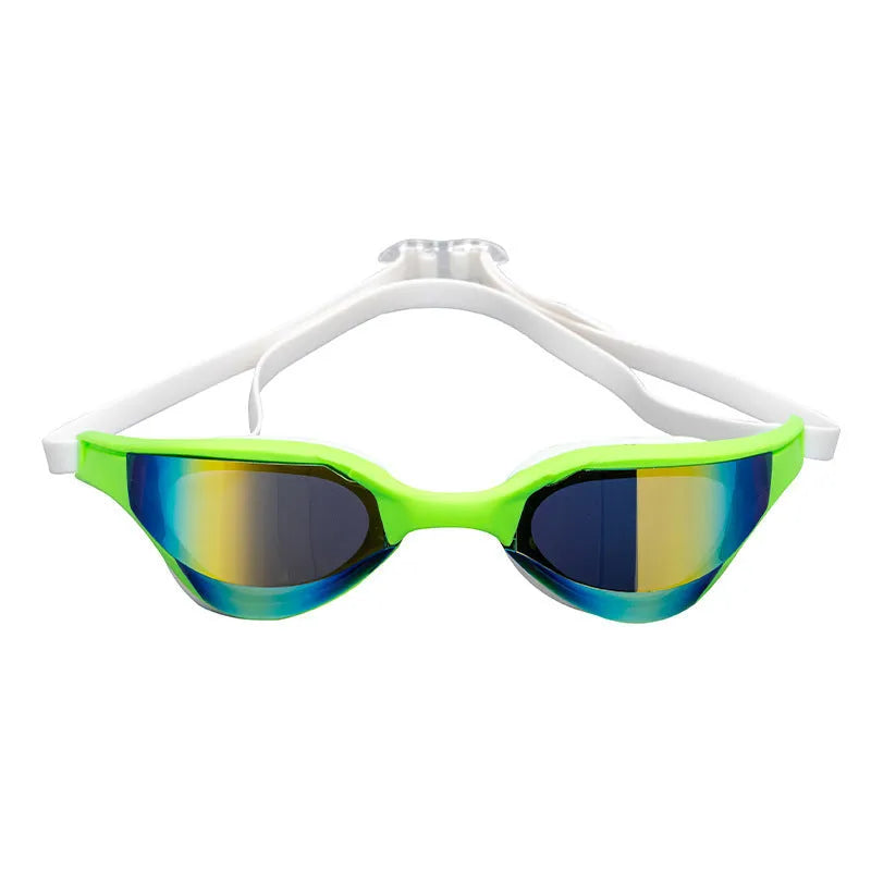 Racing style HD anti-fog swimming glasses with silicone seal and polycarbonate lenses.