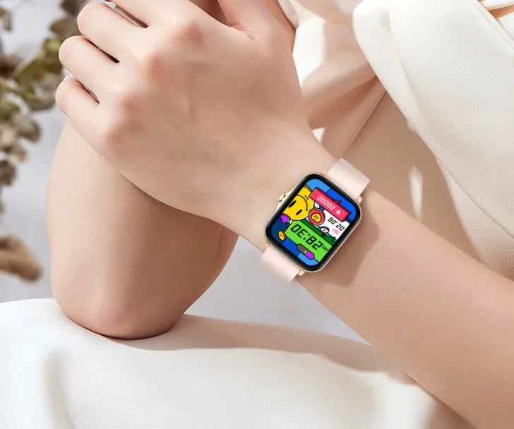 Smart watch with 1.7-inch colour touch screen on adjustable silicone strap in blue, black, or gold