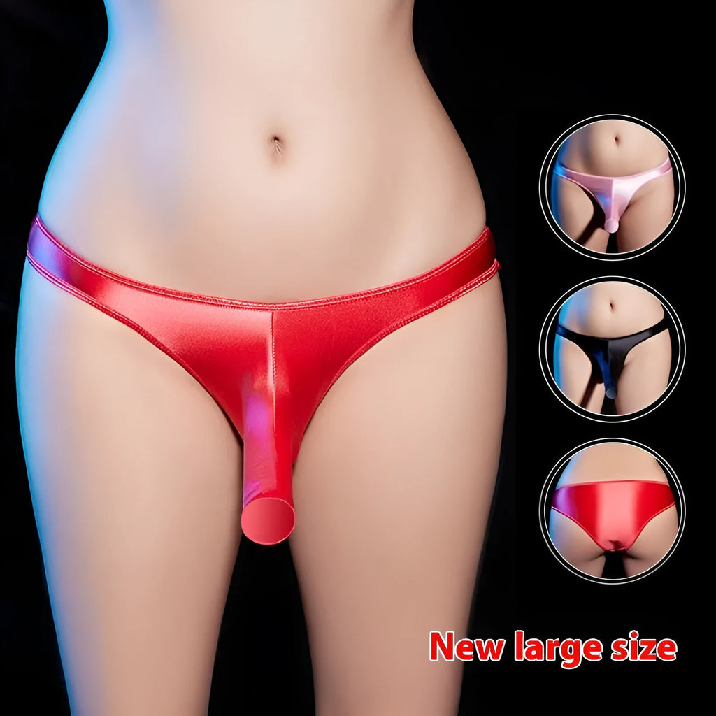 Men's low waist T-back underwear in shiny nylon fabric showing colour options including black, red, and white