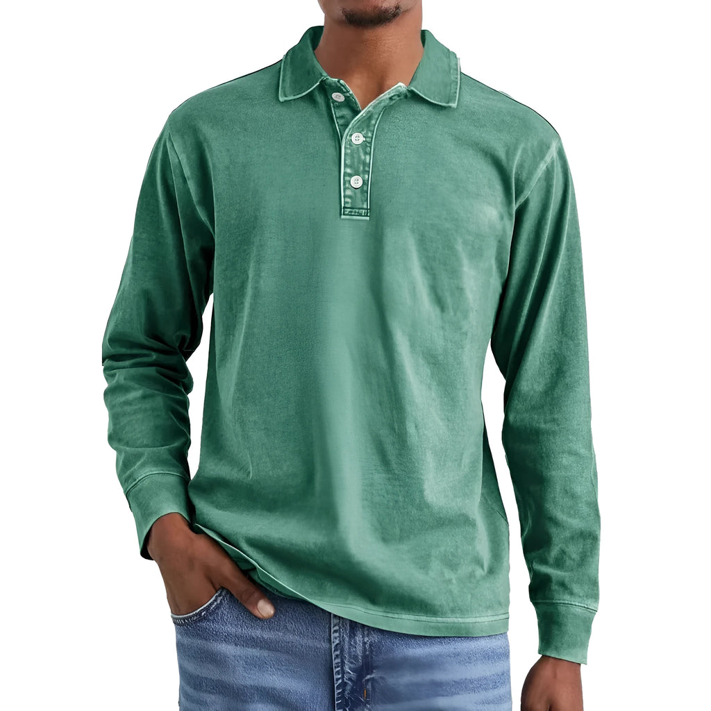 Man's retro washed distressed pure cotton long sleeve polo shirt with lapel collar in army green colour.