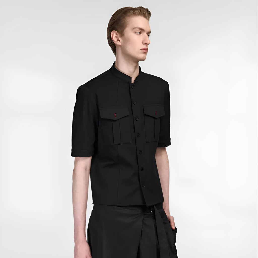 Handmade black half-sleeve hunting shirt with a red eye design detail and shirt collar.
