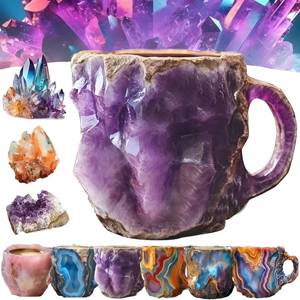 Purple and blue resin coffee mug with crystal texture and handle on wooden table