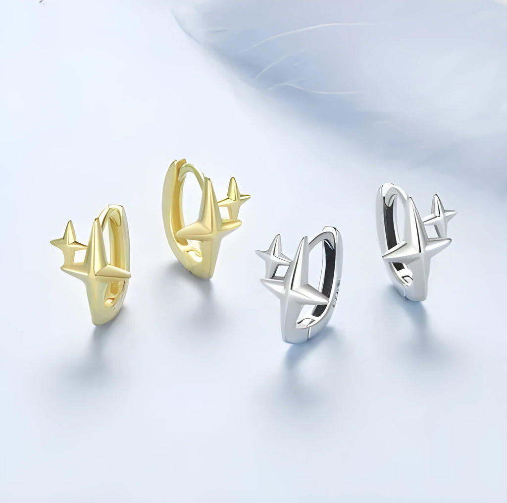 Close-up of a pair of oxidised sterling silver clip-on earrings featuring a minimalist star motif.