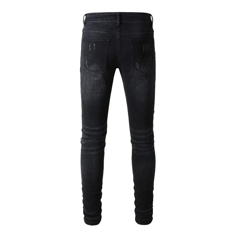 Men's simple print patch tattered black stretch jeans