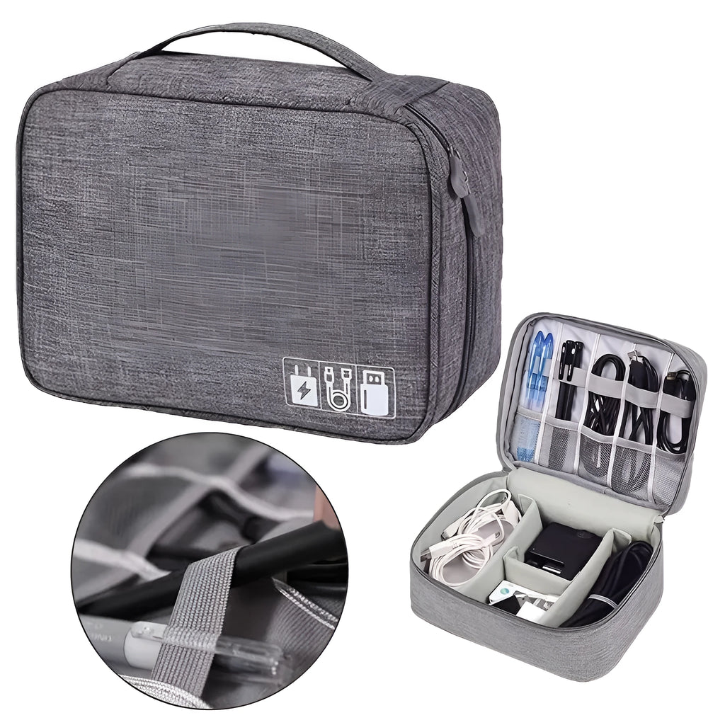 Black waterproof electronics organiser bag open to show mesh pockets, elastic loops and removable padded dividers inside.