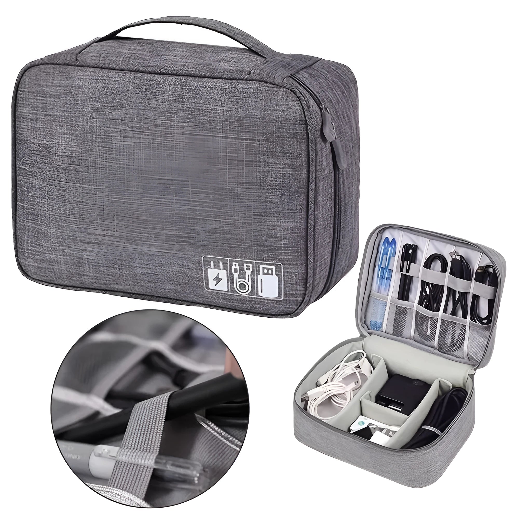 Black waterproof electronics organiser bag open to show mesh pockets, elastic loops and removable padded dividers inside.