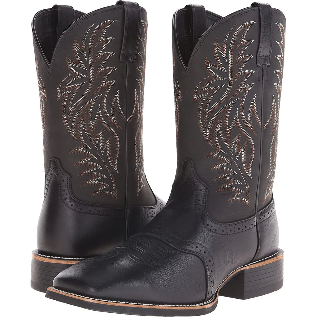 Men's black western cowboy boots with high embroidery stitching and wide square toe