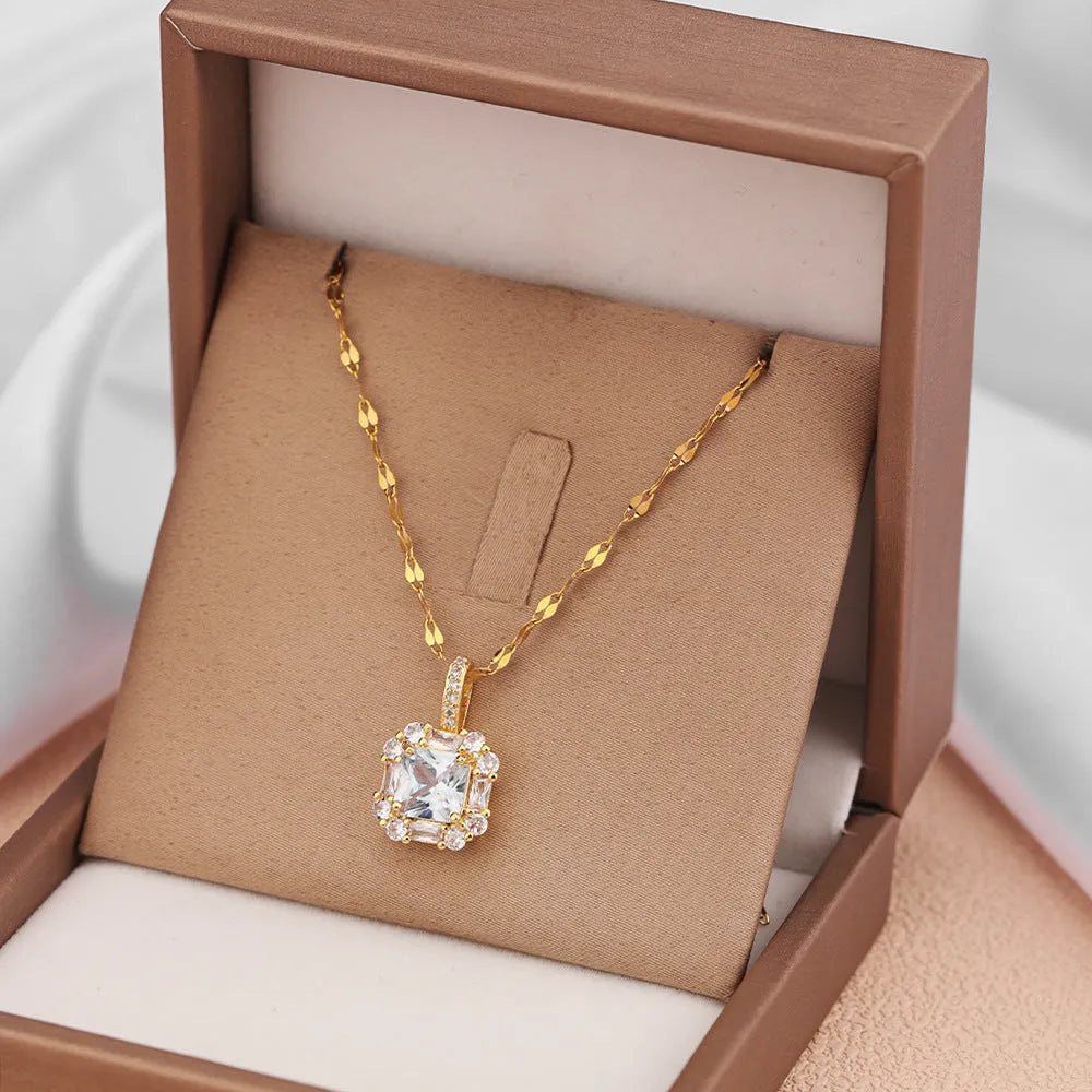 Gold titanium steel clavicle necklace with geometric zircon pendant and water wave chain
