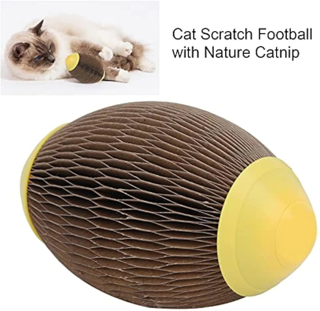 Elliptical corrugated paper catnip scratch football toy for cats.