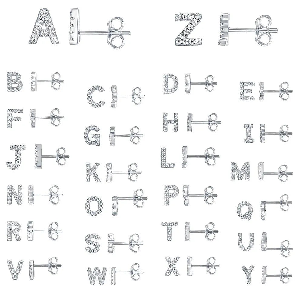 Gold plated alphabet letter earrings showing all 26 English letters A to Z with zircon detailing