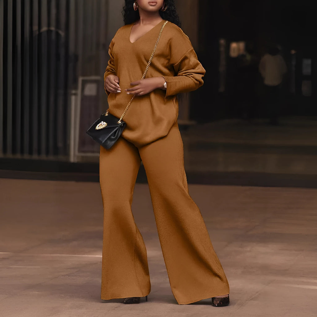 Women's brown suede two-piece suit with split sleeves and trousers in Japanese Korean casual style