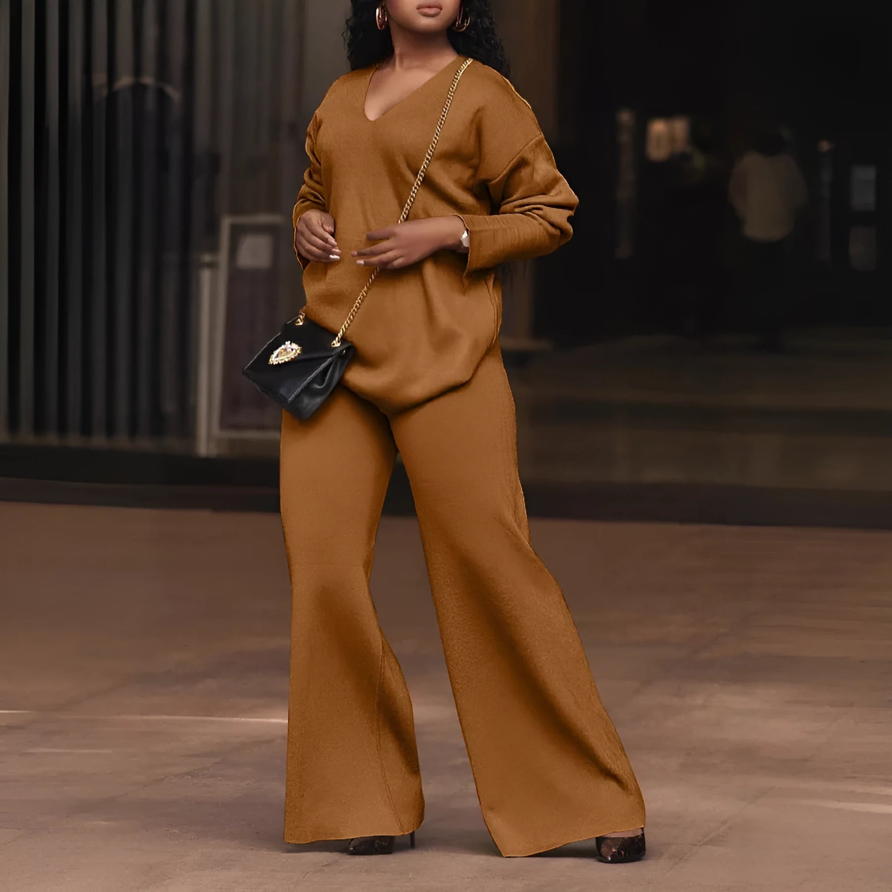 Women's brown suede two-piece suit with split sleeves and trousers in Japanese Korean casual style