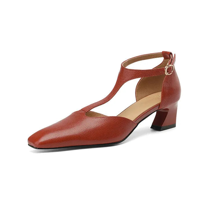 Wine red sheepskin leather square toe chunky heel shoes with buckle fastening
