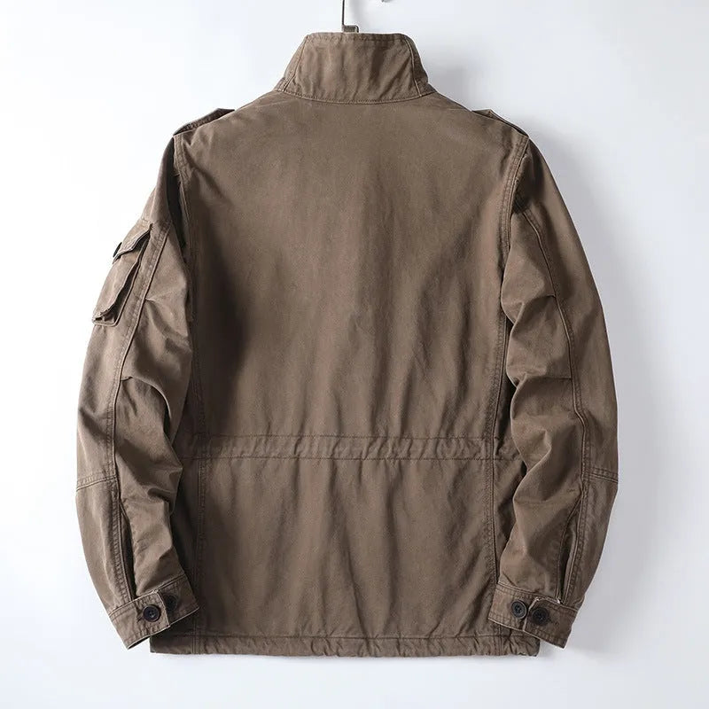 Men's loose-fit cotton twill jacket in retro style with zip front in light brown colour