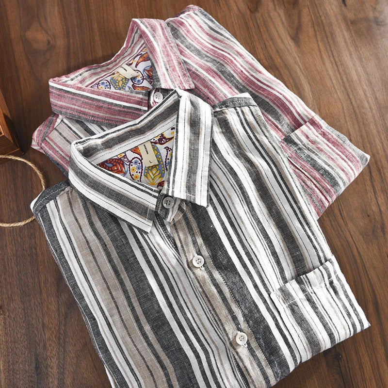 Men's striped linen casual shirt with long sleeves in loose-fitting design