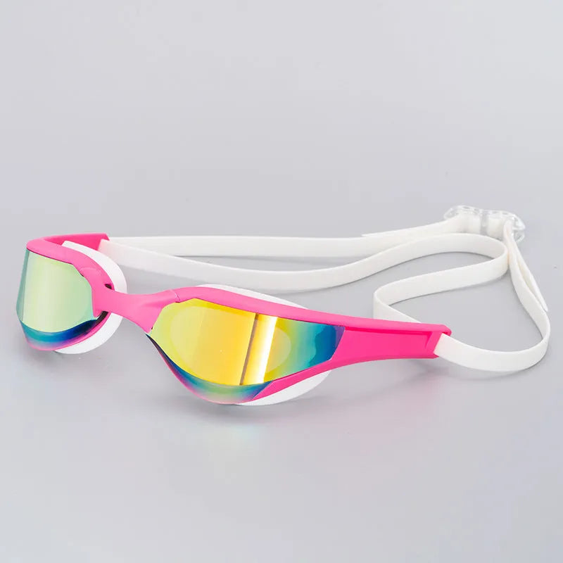 Racing style HD anti-fog swimming glasses with silicone seal and polycarbonate lenses.