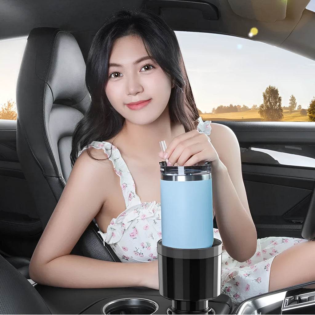 Matte black adjustable car cup holder expander for extra large bottles and travel cups