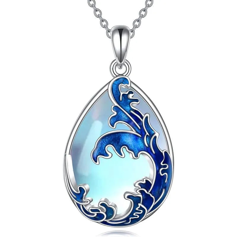 Moonstone blue heart pendant necklace for women with alloy chain
