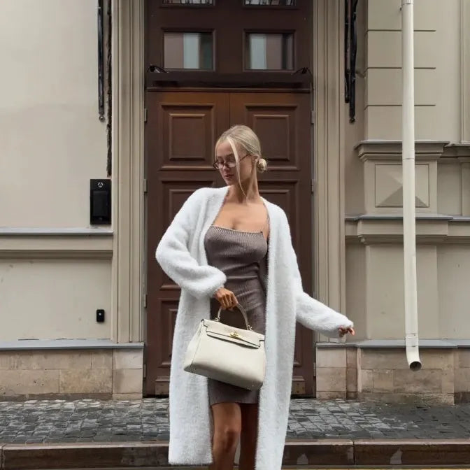 White loose fit knitted cardigan jacket for women with long sleeves and 105cm length