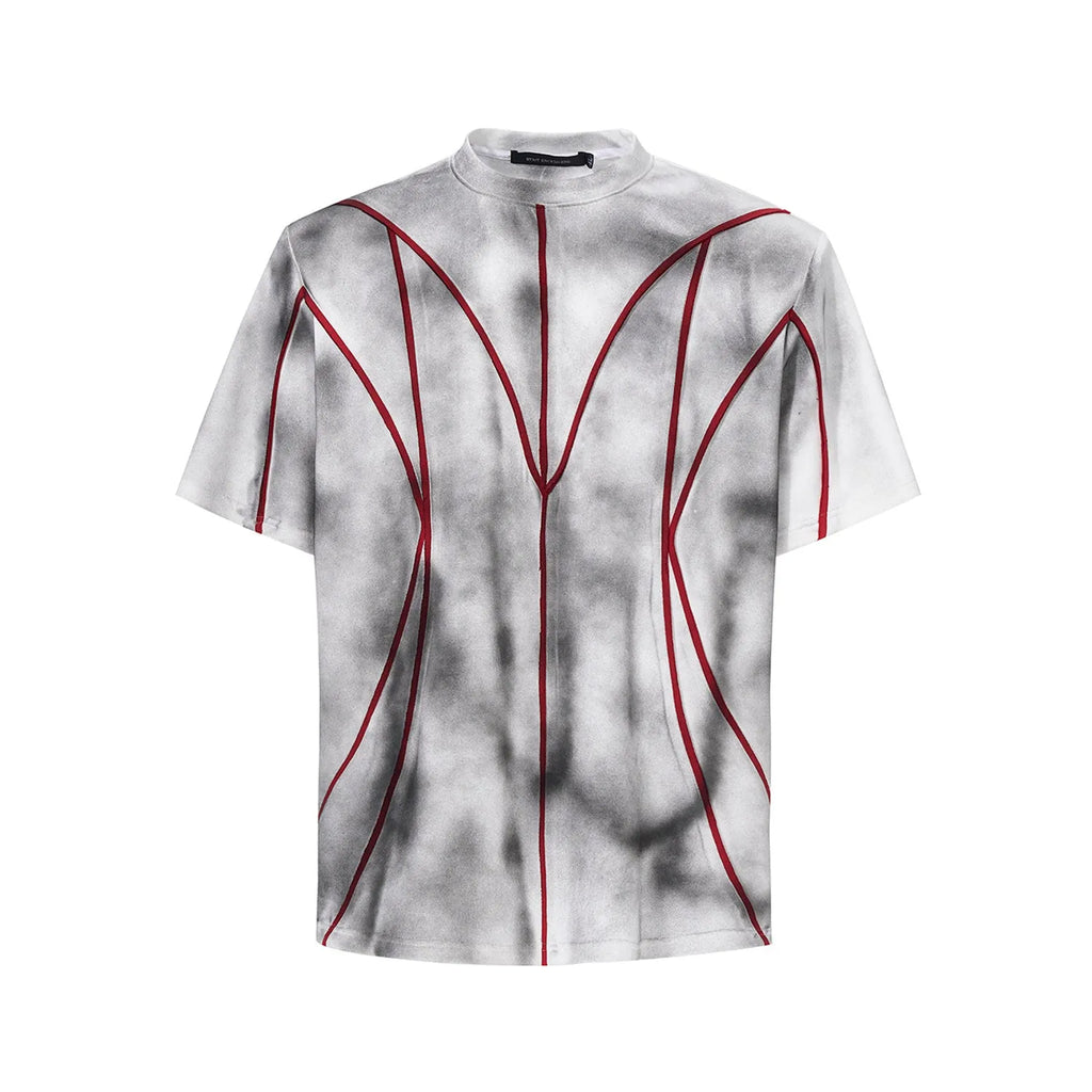 Padded shoulder short sleeve T-shirt with three-dimensional line patchwork round neck design