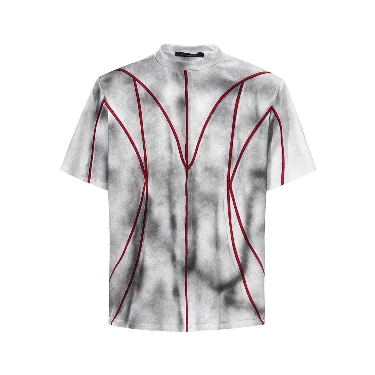 Padded shoulder short sleeve T-shirt with three-dimensional line patchwork round neck design