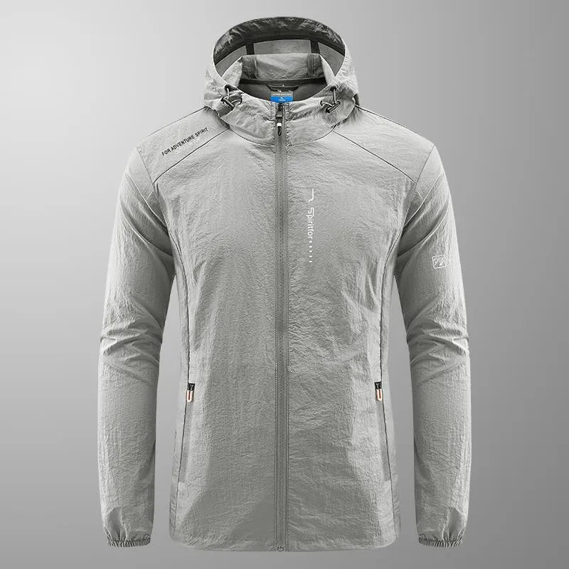 Men's lightweight grey summer hooded jacket on a hanger
