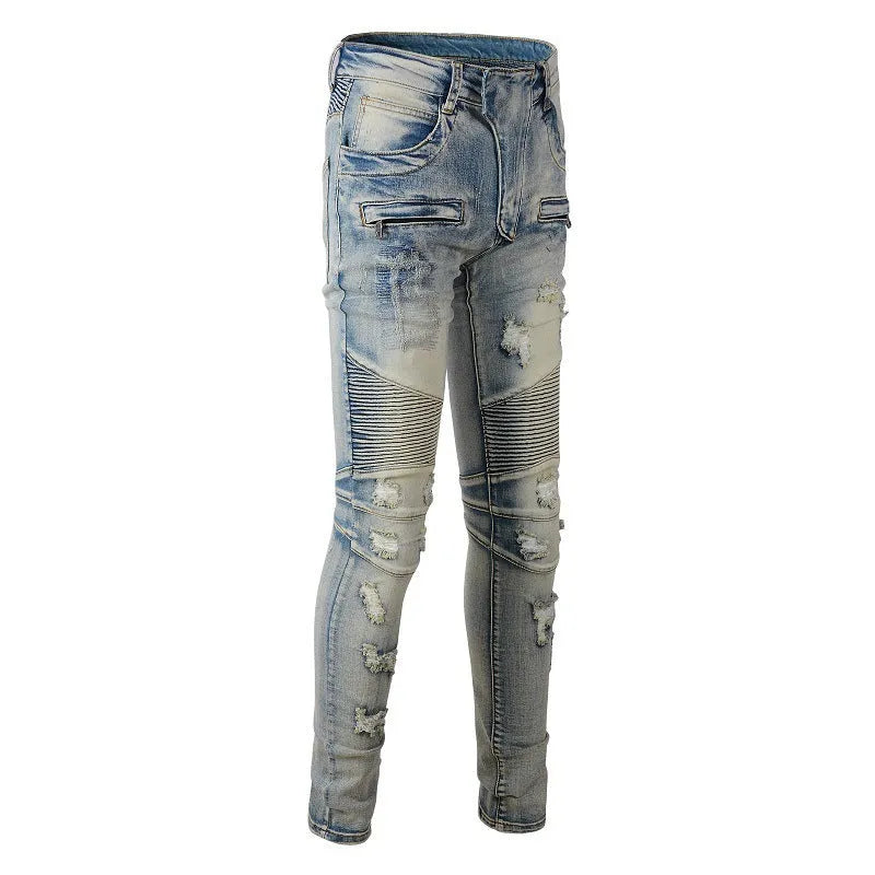 Light blue distressed slim stretch men's jeans with hand-frayed detailing and straight leg cut