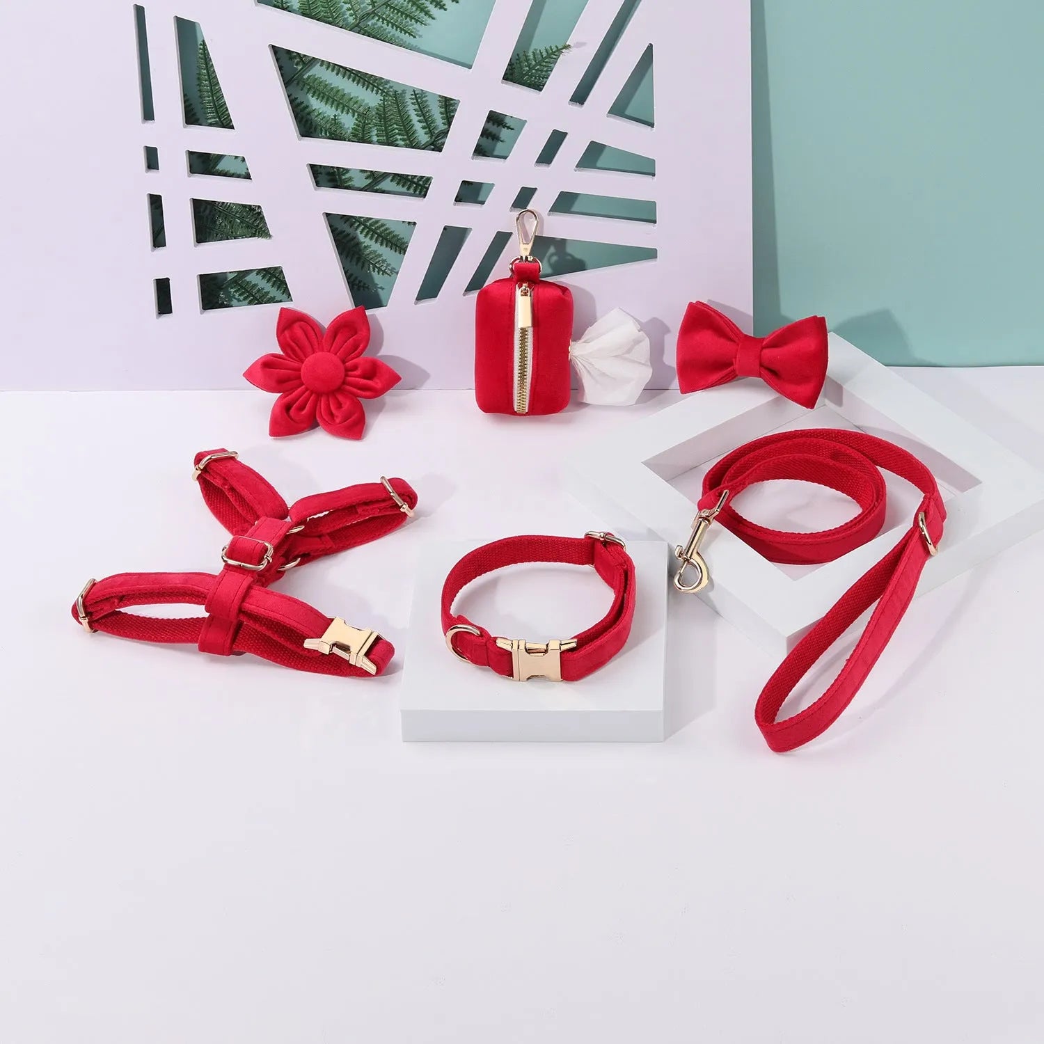 Velvet dog collar and harness set with matching bow tie and flower accessory