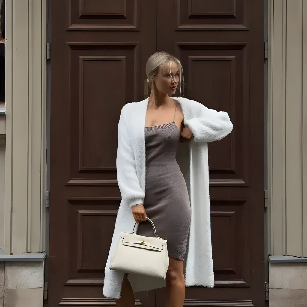 White loose fit knitted cardigan jacket for women with long sleeves and 105cm length