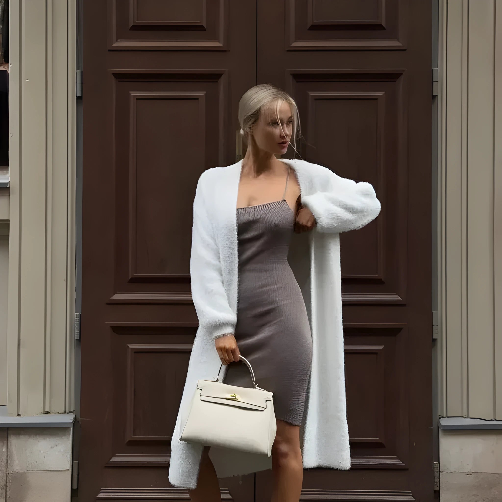 White loose fit knitted cardigan jacket for women with long sleeves and 105cm length