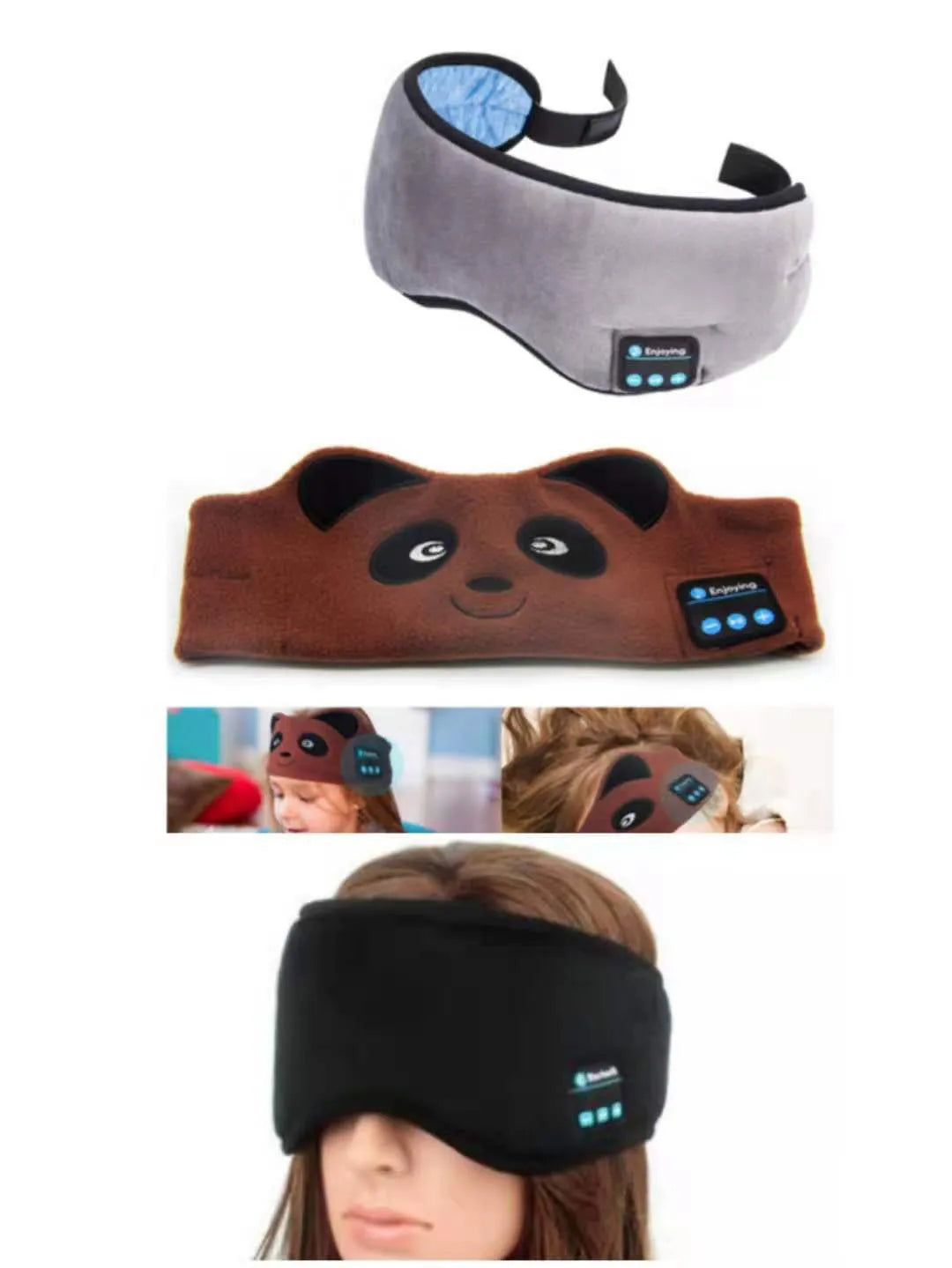 Black wireless Bluetooth sleeping eye mask with integrated speakers for music and sleep