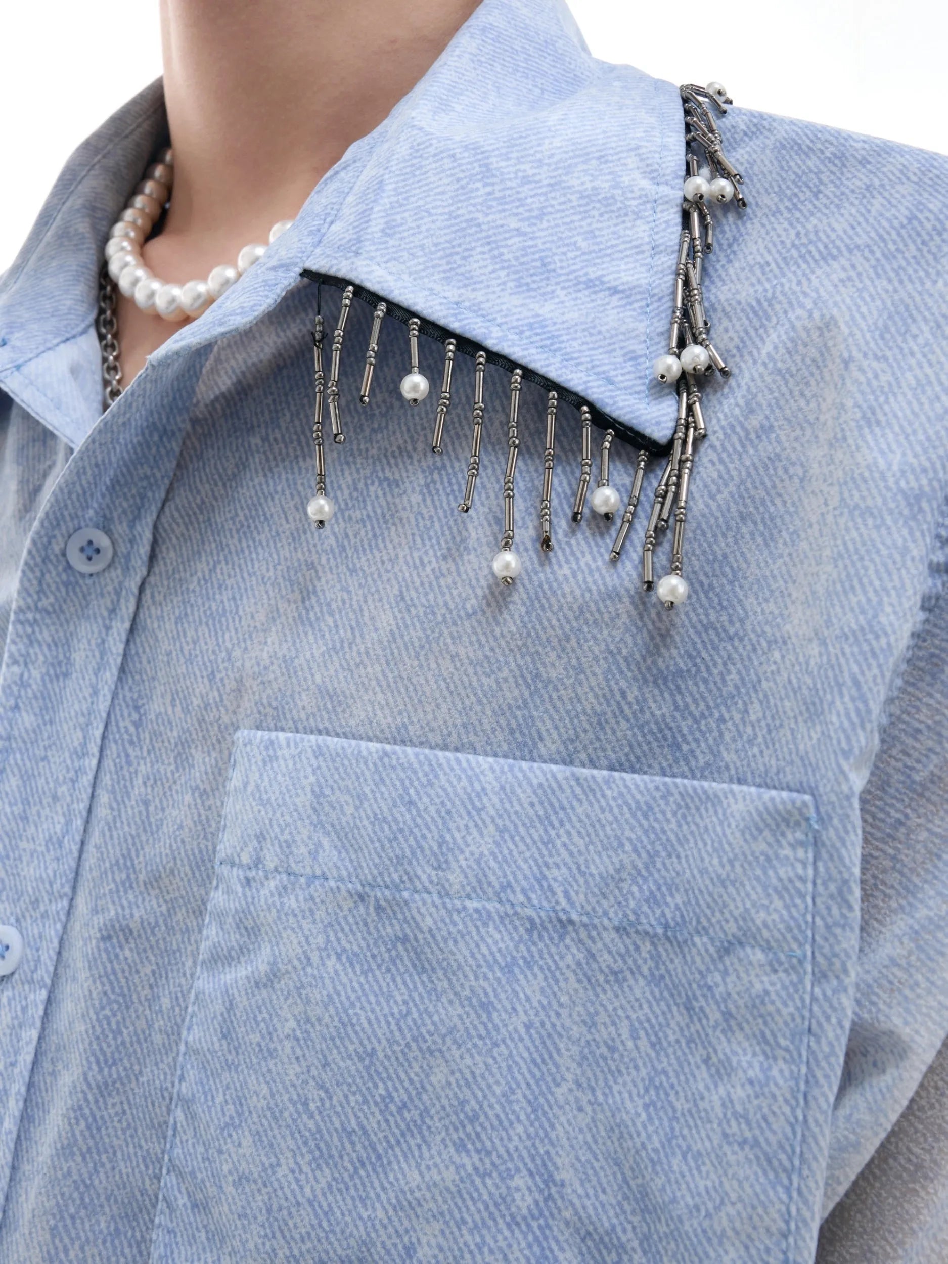 Men's blue and white gradient loose-fit short sleeve shirt on a hanger