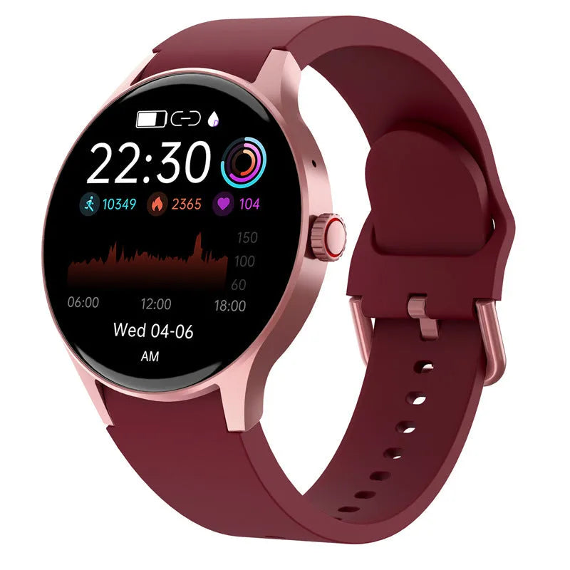 Black Bluetooth sport watch with a round touch screen on a wrist.