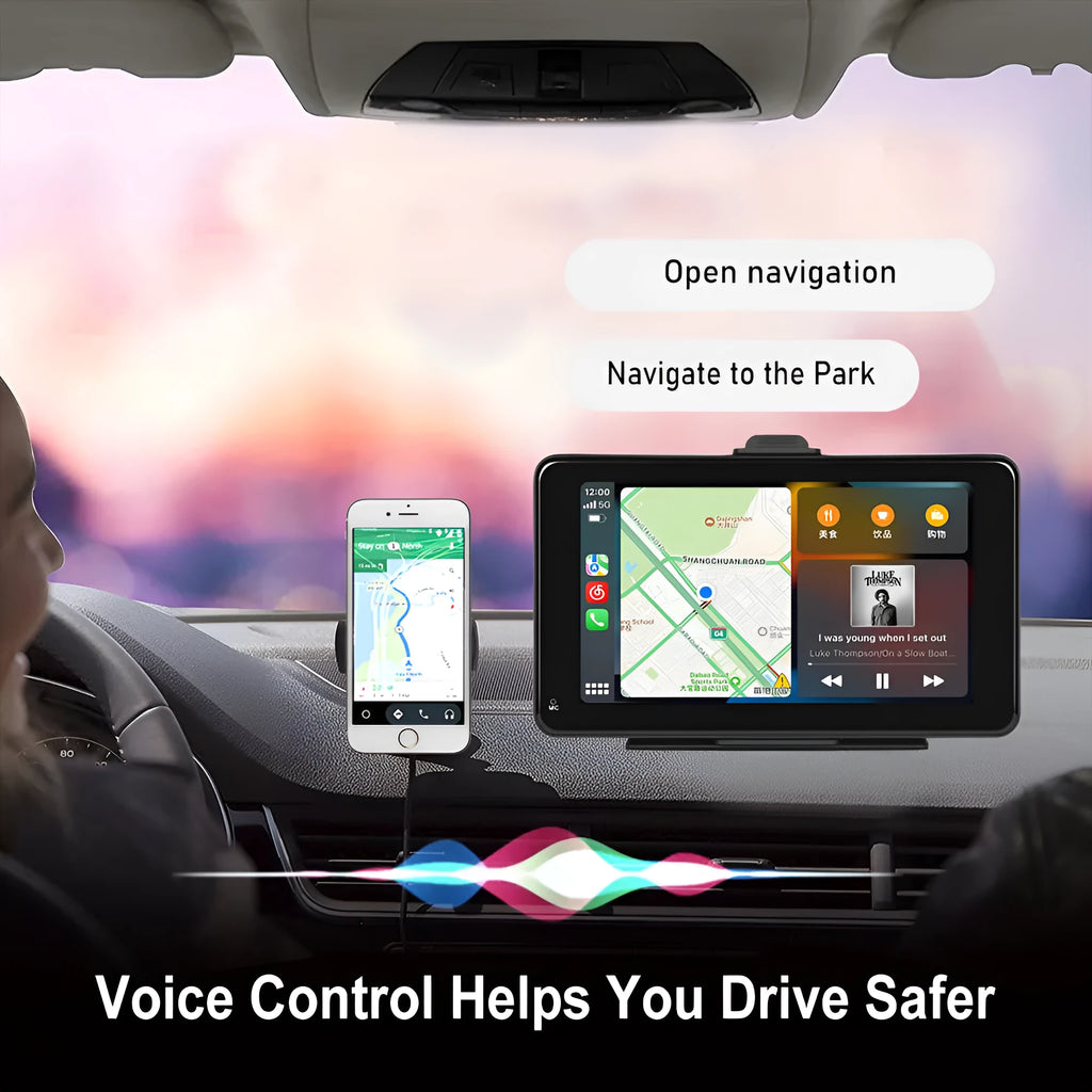 7 inch HD wired car media player screen with universal mounting supports on a dashboard