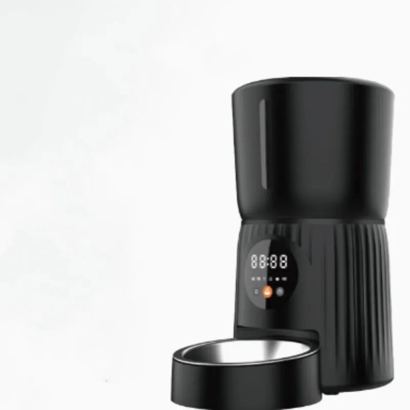 Intelligent automatic pet feeder with timer display and food reservoir in black or white colour options