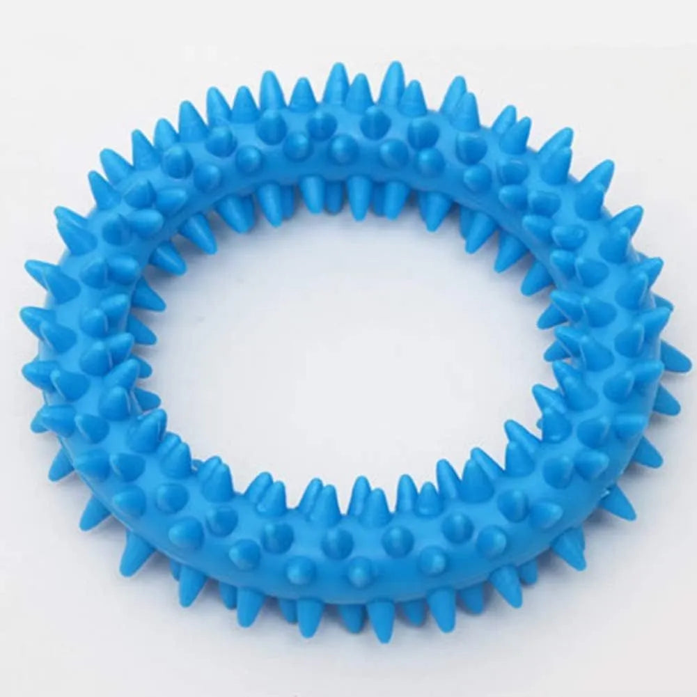 Blue spiky circle ring dog chew toy made of TPR on a white background.