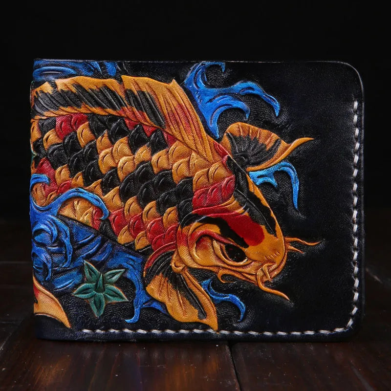 Hand-carved genuine cowhide leather short wallet in red blue gold colours showing open closure