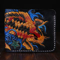 Hand-carved genuine cowhide leather short wallet in red blue gold colours showing open closure