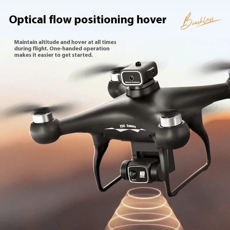 Black HD brushless UAV drone with four-side obstacle avoidance and camera, remote control transmitter beside it