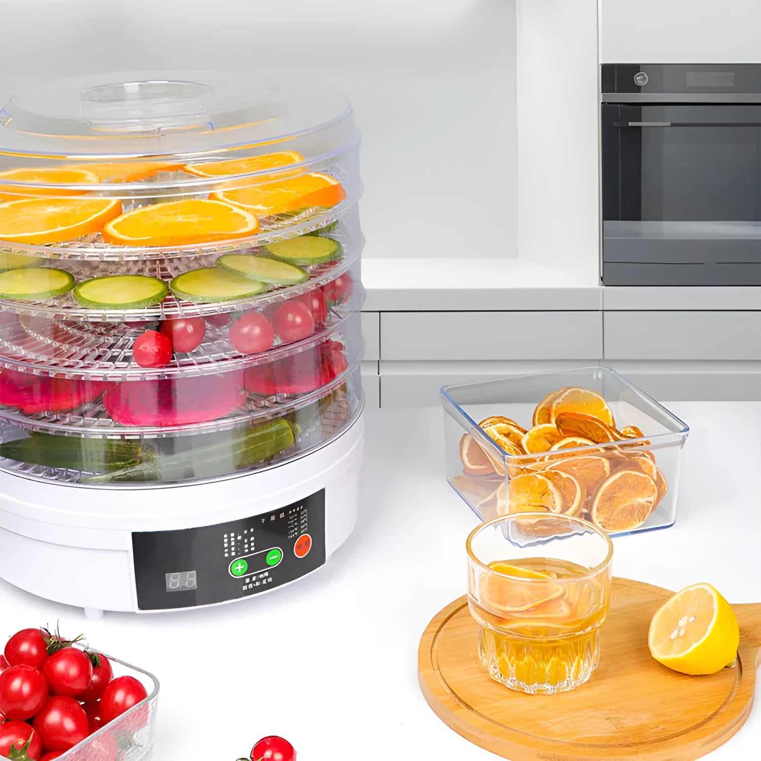 Five-layer household food dehydrator with seven mesh drying trays and multiple plug options
