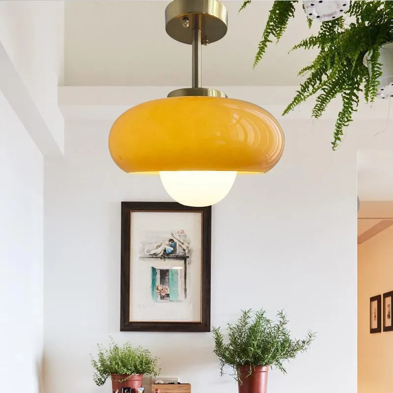 Bauhaus style three-headed pendant light with milk white egg tart glass shades