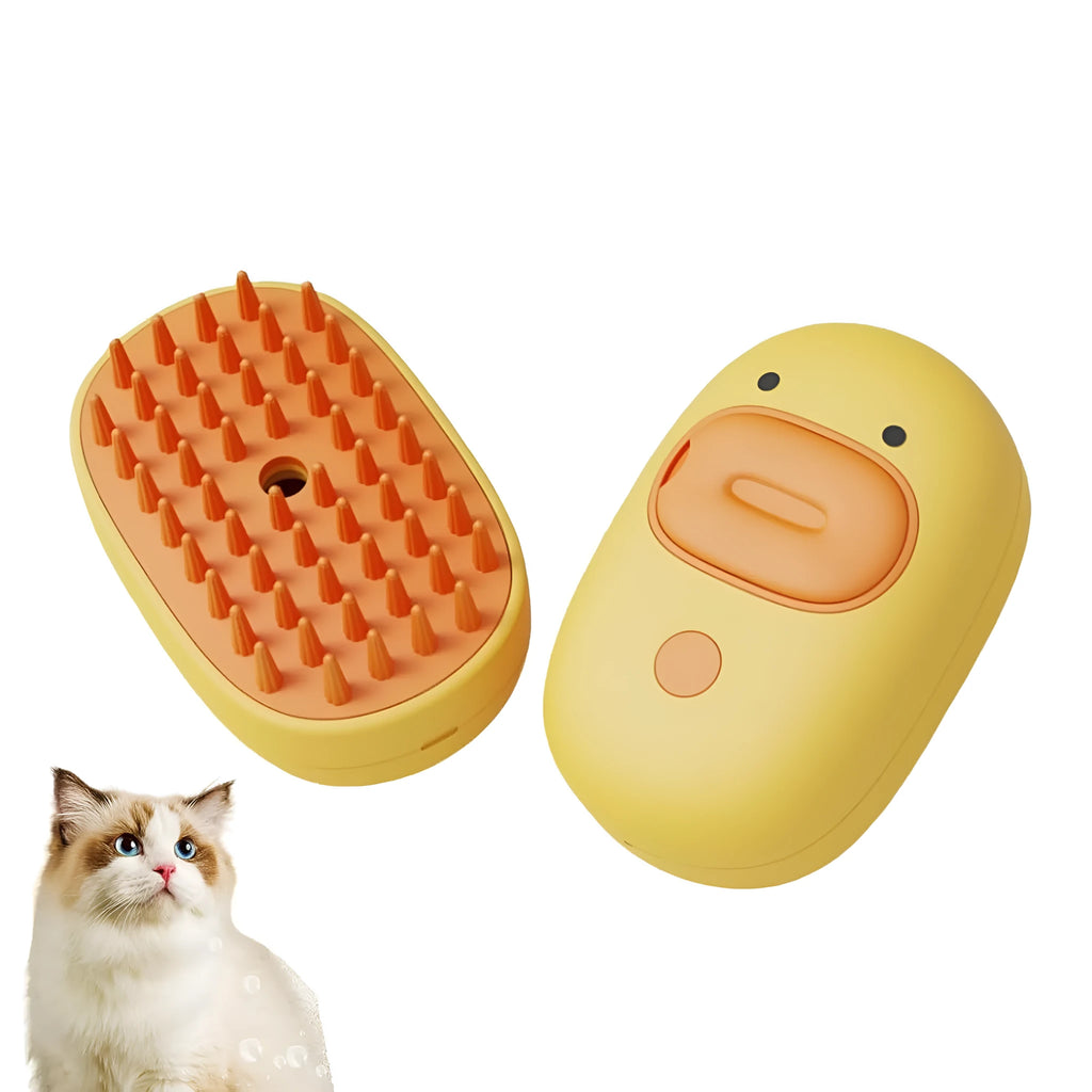 White and yellow electric pet steam brush with rubber comb teeth and ergonomic handle
